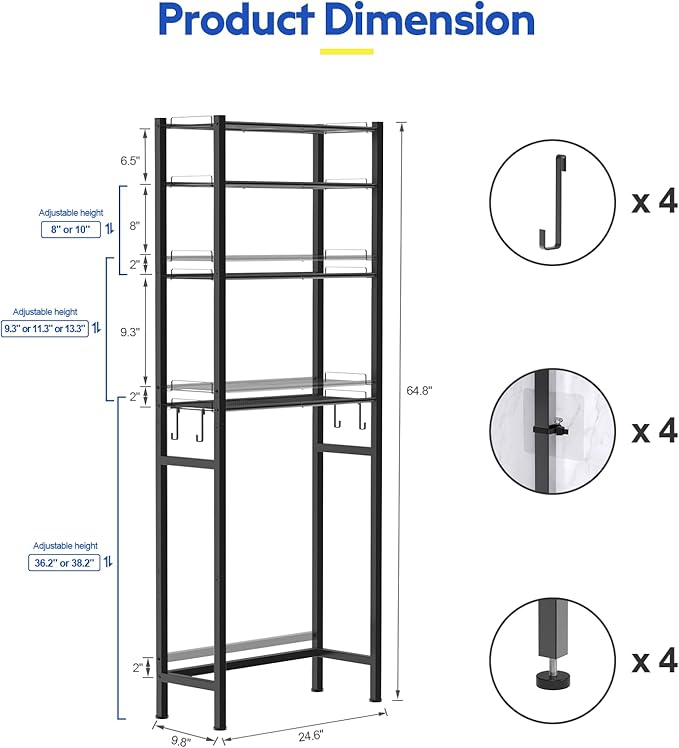 samstar 4 Tier Over The Toilet Storage Rack, Bathroom Organizer Shelves Cabinet Above Toilet, with Adjustable Height Freestanding Shelf Space Saver, Black