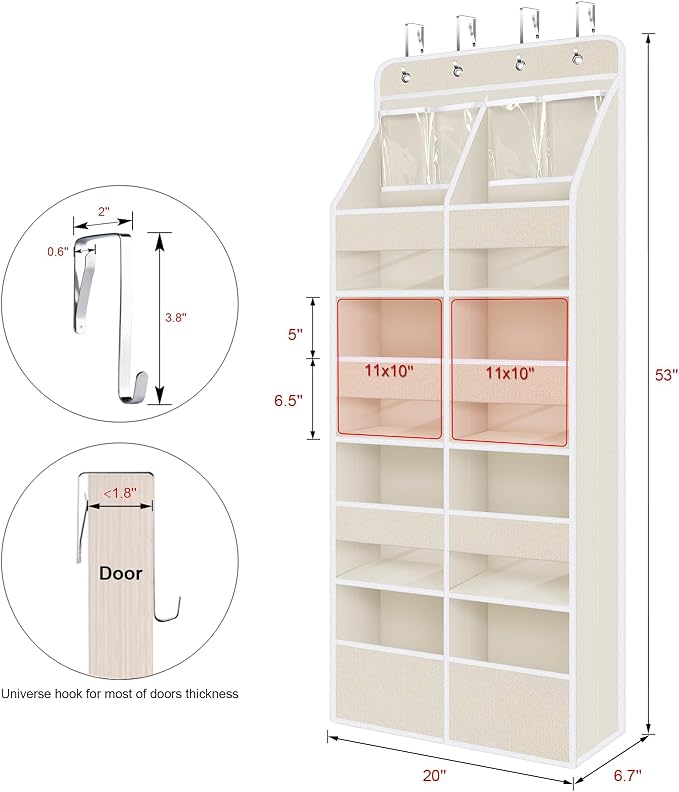 Univivi 5-Shelf Fabric Door Storage Over Door Hanging Organizer with 8 Large Pockets and 4 Small PVC Pockets Closet Cabinet Wall Mount Hanging Storage Organizers for Baby Nursery (Beige Pattern)