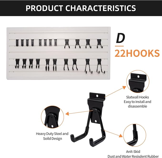 Slatwall Accessories 22 PCS Heavy Duty Garage Hooks Slatwall Panel Hooks Slat Wall Hanging Hook for Bike Ladder Garage Storage System Accessory Multi Size Utility