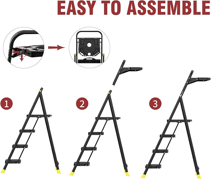 4 Step Foldable Step Ladder with Roomy Tool Tray, Platform Ladders Stepstools, Step Stool 4 Step Folding with Wide Non-Slip Pedals and 800lbs Bearing Capacity for Adults, Home, Kitchen, Black Yellow