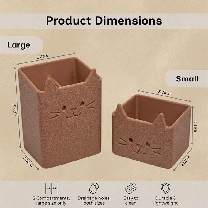 Office Desk Accessories, Set of 2 Pencil Cups, Cute Cat Pen Holder, Cute Desk Decor, Bathroom Organizer, Toothbrush Holders with Drainage, Makeup Brush Organizer, Cat Lover Gifts (Brown)