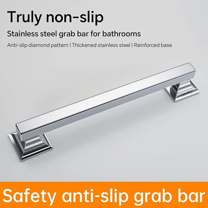 Joyrain Stainless Steel Square Grab Bar - ADA Compliant 500lb Weight Limit, 16/24/32 Inch Bathroom Safety Rail for Seniors & Disabled (Chrome, 24 inch)