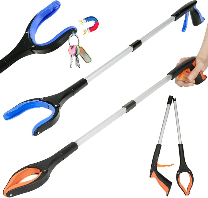 2-Pack Grabber Reacher Tool, 32" Foldable Reacher Grabber Pickup Tool with 90° Rotating Anti-Slip Jaw, Trash Picker Upper Grabber, Hand Grabber for Reaching, Grabbers for Seniors (Blue+Orange)
