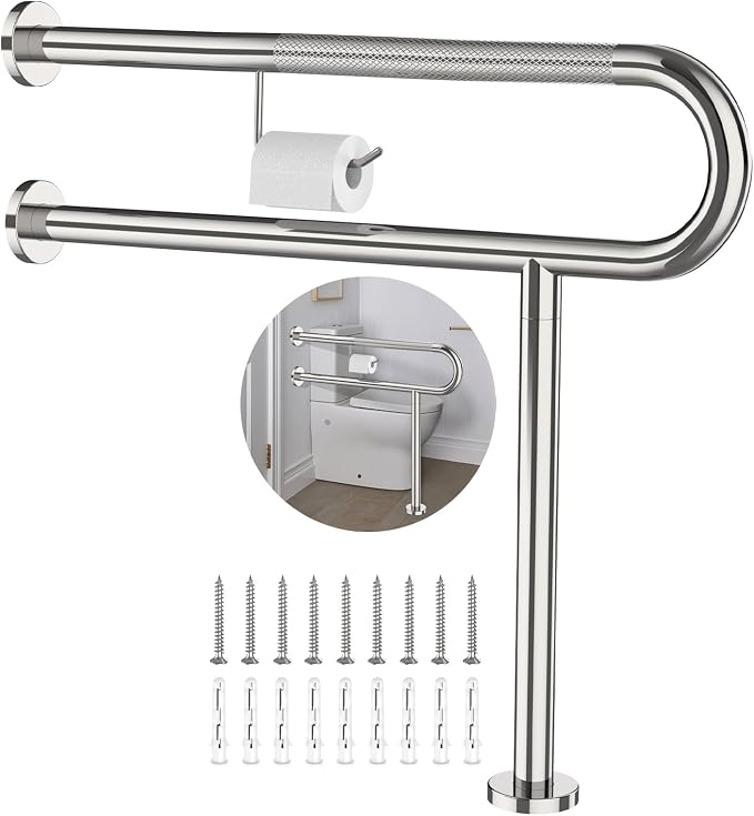 Toilet Grab Bar with Leg 31.5x28 Inch, ZUEXT Chrome Knurled Toilet Support Bar with Toilet Paper Holder,Stainless Steel Wall & Floor Mounted Bathroom Support Rail for Seniors Elderly Disabled Pregnant