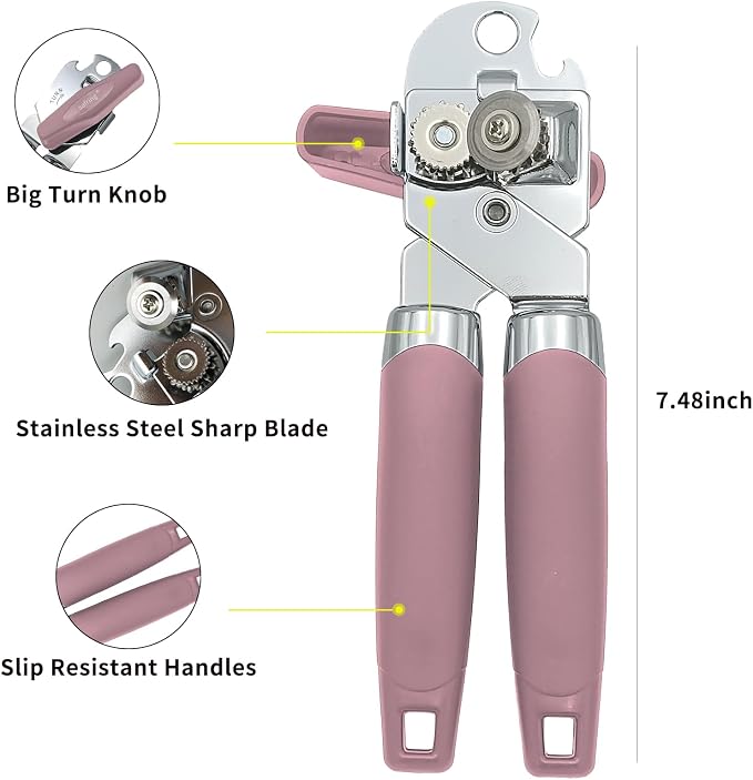 Safring Can Opener Manual, Handheld Strong Heavy Duty Stainless Steel Can Opener, Comfortable Handle, Sharp Blade Smooth Edge, Can Openers with Multifunctional Bottle Opener, Pink