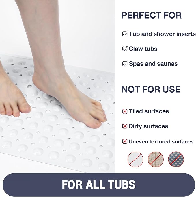 Extra Long White Bathtub Mat Non Slip, Soft Bath Mat for Tub 40 x 16 Inch Full Size, Bath Tub Shower Mats for Bathroom Floor, Big Suction Cups and Drain Holes, Easy Washable, BPA Free
