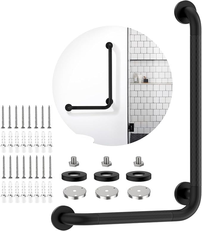 Matte Black Angled Grab Bar 16x24 Inch, iHansee Bathroom Safety Bar w/Anti-Slip Knurled Grip, Wall Mount L Shaped Shower Handle for Elderly Senior Handicap, Toilet Bathtub Balance Support Handrail