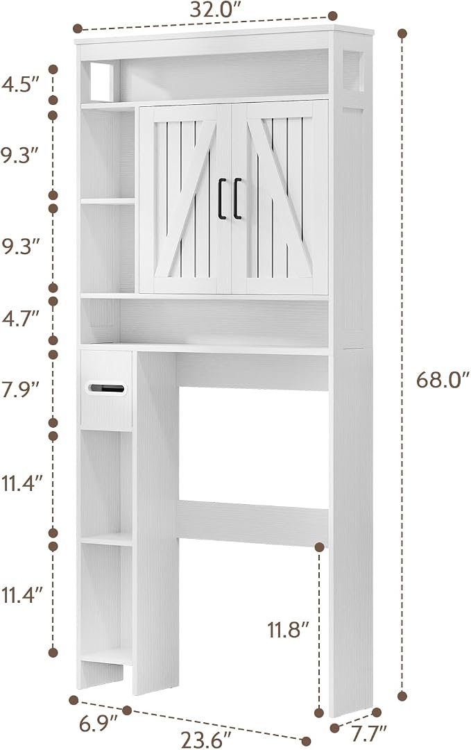 Over The Toilet Storage Cabinet with 2 Barn Doors & Built-in Toilet Paper Holder, Farmhouse Space-Saving Organizer for Bathrooms and Laundry Room, White