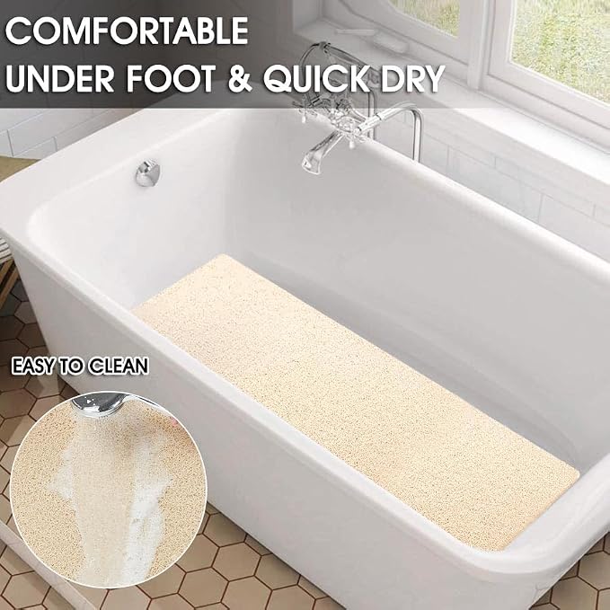 Shower Mat Non Slip 40.2 x16.1 Inch, Loofah Shower Mat Anti Slip Tub Mat Without Suction Cups, Shower Floor Mat for Wet Area, Quick Drying, Beige