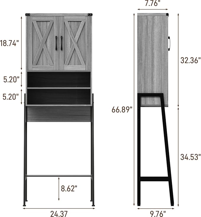 Vabches Over The Toilet Storage Cabinet, Farmhouse Over Toilet Storage Cabinet, Metal Frame with 2 Barn Doors, Home Space-Saving Toilet Rack for Bathroom, Toilet, Laundry Room.