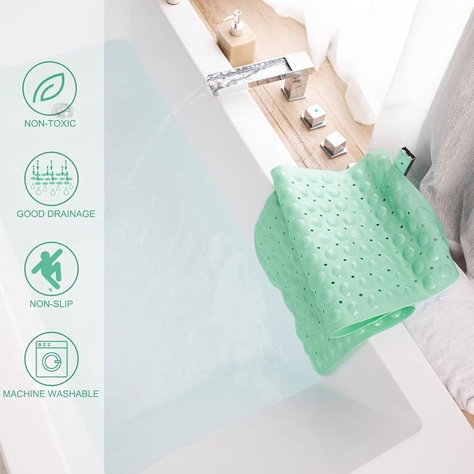 TEESHLY Bath Tub and Shower Mats, Non-Slip 39 x 16 Inch Extra Long Bathtub Mat, Machine Washable BathMat with Drain Holes, Suction Cups for Bathroom (Opaque Pale Green)
