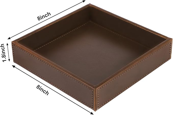 HofferRuffer Faux Leather Vanity Tray, Elegant Desktop Storage Organizer, Decorative Catchall for Perfume, Bathroom Valet, Nightstand or Dresser, 8 x 8 x 1.8 inches (Brown)