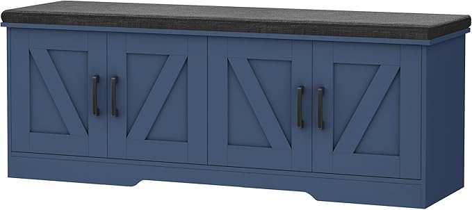 HOMSHO 2-Tier Storage Bench, 47.2" Wide Shoe Bench with Padded Seat Cushion, Entryway Bench with 4 Barn Doors and Adjustable Shelf, Blue