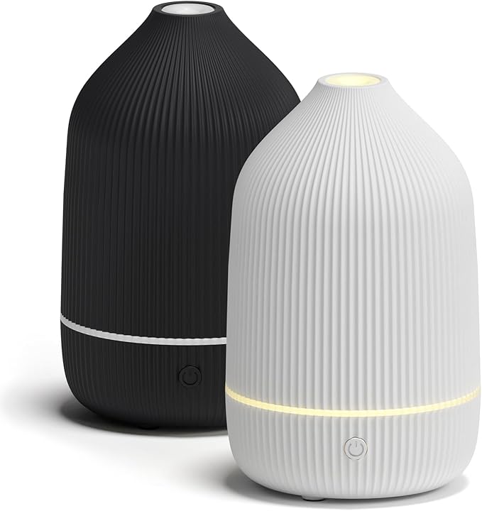 Essential Oil Diffuser, 2Pack, 100ml Aromatherapy Diffuser, Mini Ultrasonic Diffuser for Essential Oil, Home, Office, Cool Mist Humidifier with 7 Led Light, Auto Shut-Off, White & Black