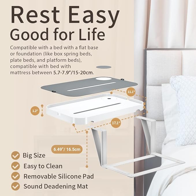 KIWIFOTOS Bedside Shelf for Bed Bedside Tray Table Under Mattress for Box Spring/Plate/Platform Bed 17" Large Tray Nightstand Shelf Side Caddy for College Dorm