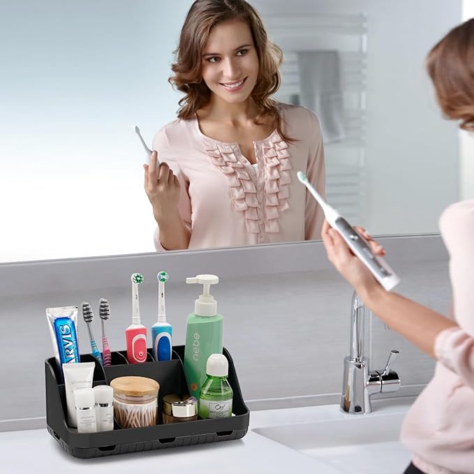 GFWARE Black Toothbrush Holder - 7 Slots Bathroom Organizer Countertop with Drainage Matte Black Electric Toothbrush and Toothpaste Holder for Bathroom Accessories Organization Vanity Sink Storage