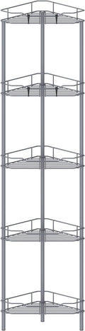 HuggieGems 5 Tier Floor Standing Corner Shower Caddy Organizer Shelf with Hooks, Bathroom Shelves Stand Rack, Dark Gray