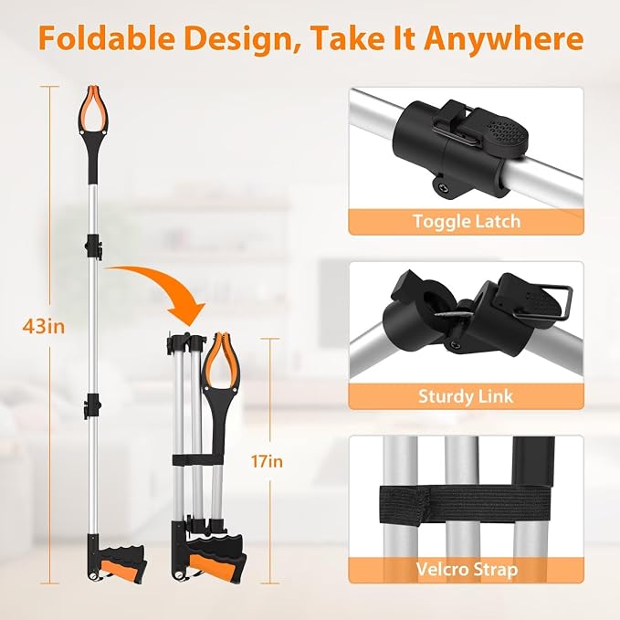 2-Pack 43" Extra Long Grabber Reacher Tool | Foldable Trash Picker Upper Grabber, 360° Rotating Jaw + Magnets, 4" Wide Claw, Heavy Duty, For Seniors