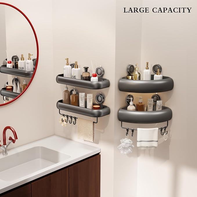 CICUFY Shower Caddy Suction Cup, 2 Pack No Drilling Corner Shower Shelves, Rust Proof Bathroom Storage Organizer, Shower Corner Caddy with Removable Hooks and Towel Bar, Triangle, Grey