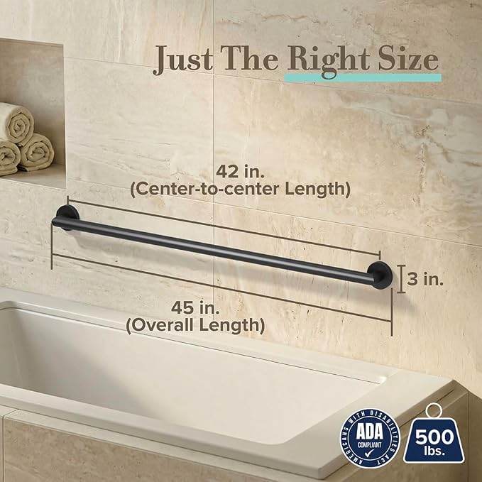 Gatco 968MX Glam 42" L Grab Bar, Matte Black/ADA Compliant Stainless Steel Safety Grab Bar for Bathroom