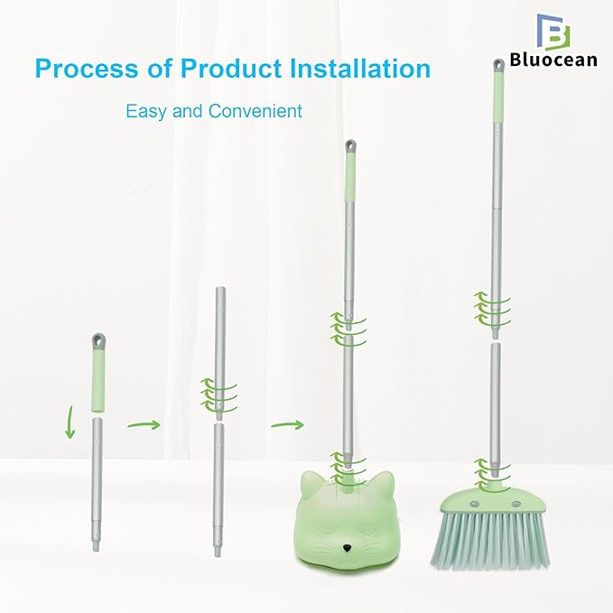 28'' Kids Mini Broom and Dustpan Set - Toddler Cleaning Toy, Toddler Household Helper, Parent-Child Interactive Play Cleaning Tool, Cute Cartoon Design, Small Safe Corner Broom (Green)