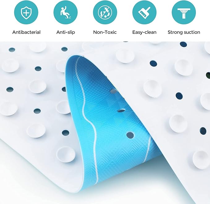 Bath Mat for Tub Non Slip Baby Kids Bathtub Mat Extra Long 40X16 Inch Blue Toddler Shower Mat Anti Slip Tub Mat with Suction Cups & Drain Holes, Machine Washable,Duck