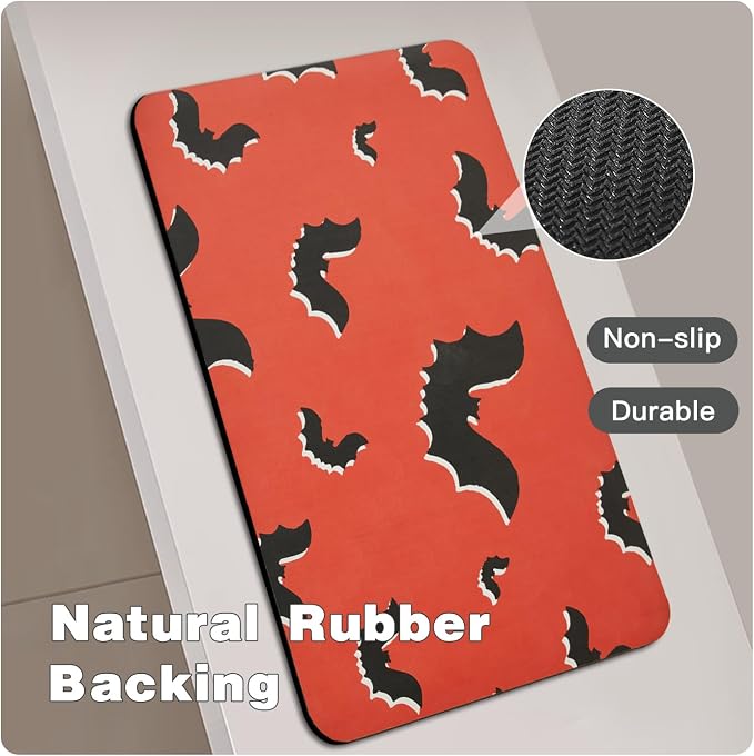 TYUU Halloween Bath Mat, Thin Halloween Bathroom Rug Non Slip Quick Dry Bat Bath Mat Fits Under Door Thin Floor Mat Halloween Decor, 17''x30'', Gothic Bats Orange