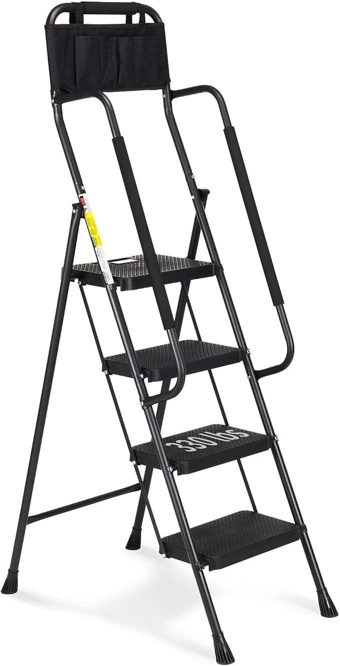 HBTower 4 Step Ladder with Handrails, 330 lbs Folding Step Stool with Attachable Tool Bag & Anti-Slip Wide Pedal for Home Kitchen Pantry Office, Black