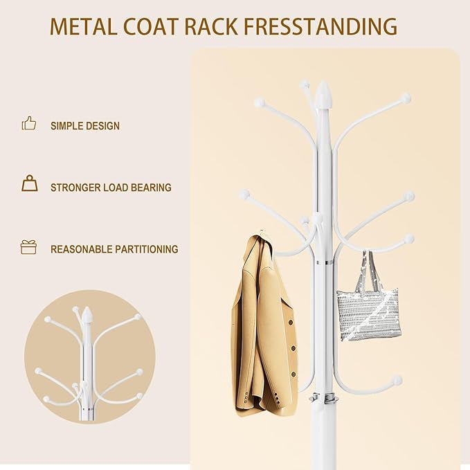 OIRUMIE Coat Rack with Natural Marble Base, Metal Modern Coat Racks Freestanding, Coat Rack Stand with 12 Hooks, Coat Tree Hats Hanger Stand for Entryway, Hallway (12 Hooks-White)