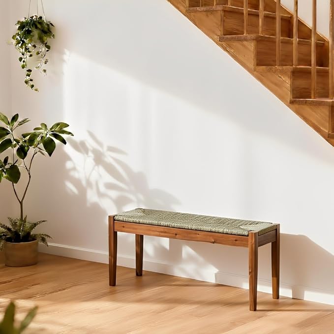 Solid Wood Acacia Indoor Bench with Natural Woven Seat, 45 Inch Wood Bench for Living Room or Entryway, Bedroom End of Bed Bench or Dining Benches, Window Bench
