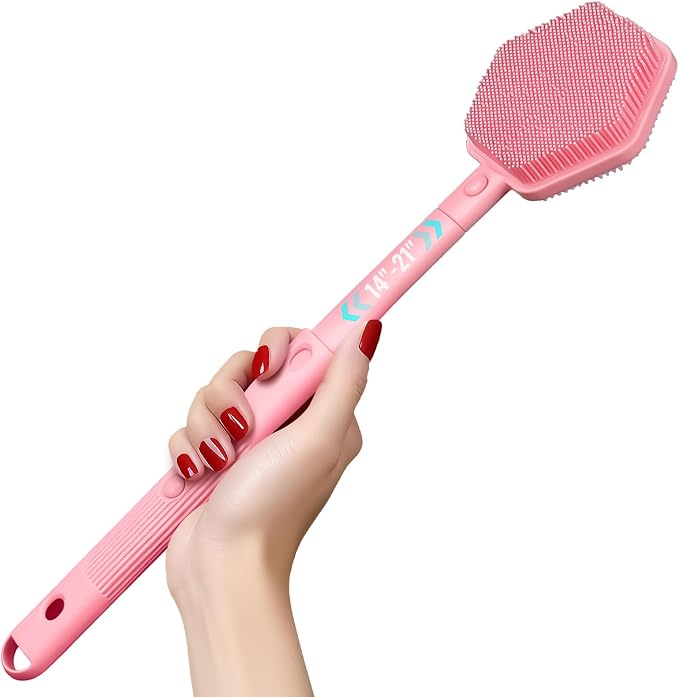 AIMAIAIMAI Silicone Back Scrubber for Shower – 21in Extendable Shower Brush with Long Handle – Dual-Sided Back Brush with Non-Slip Grip, Gentle Cleansing & Exfoliation for Men, Women, Elderly (Pink)