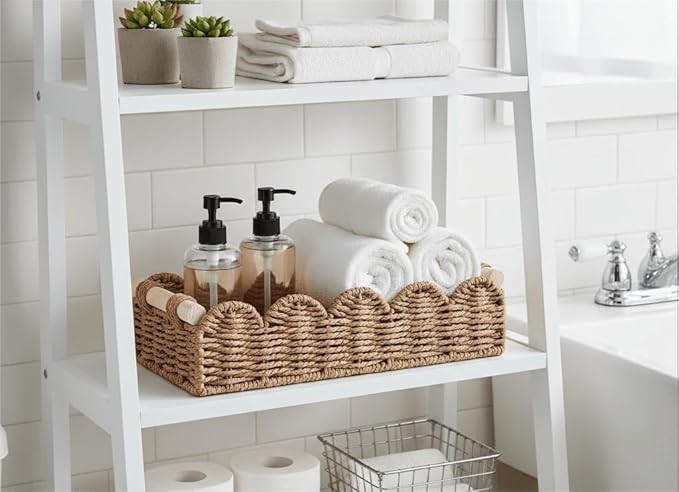 CubesLand Toilet Paper Storage Basket Organizer, Small Wicker Toilet Tank Top Decorative Baskets for Countertop, Handwoven Scalloped Basket w/handle for Home Decor, Living Room, Bedroom, Neutral