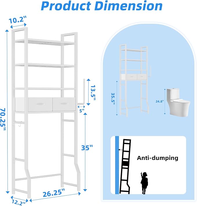 Simple Trending 4 Tier Over The Toilet Storage with Drawers, Heavy Duty Bathroom Stand Organizer Metal Shelves for Laundry, White