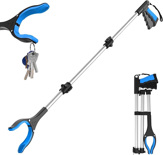 43" Grabber Reacher Tool, Foldable Reacher Grabber Pickup Tool with 360° Rotating Jaw & Two Magnets, Extra Long Trash Picker Upper Grabber, Extension Grabbers for Seniors, Blue