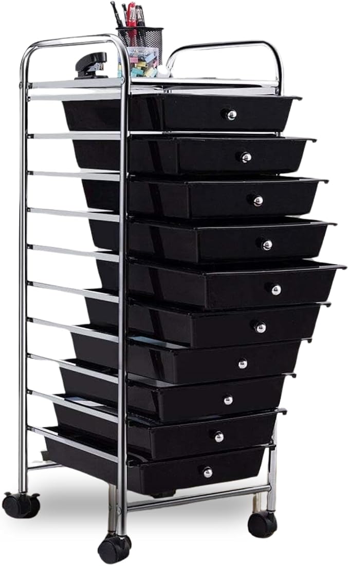 10-Drawer Rolling Storage Cart, Trolley w/Lockable 360° Wheels, 10 Removable PP Drawers, Sturdy Metal Frame, Rolling Utility Cart Perfect for Home, Office, Classroom (Black)