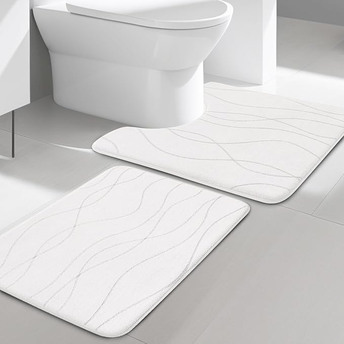 YIHOUSE Memory Foam Bathroom Rug Sets, White, 2 Piece-U Shape & Small Mat | Ultra Soft, Absorbent, Non-Slip, Machine Washable