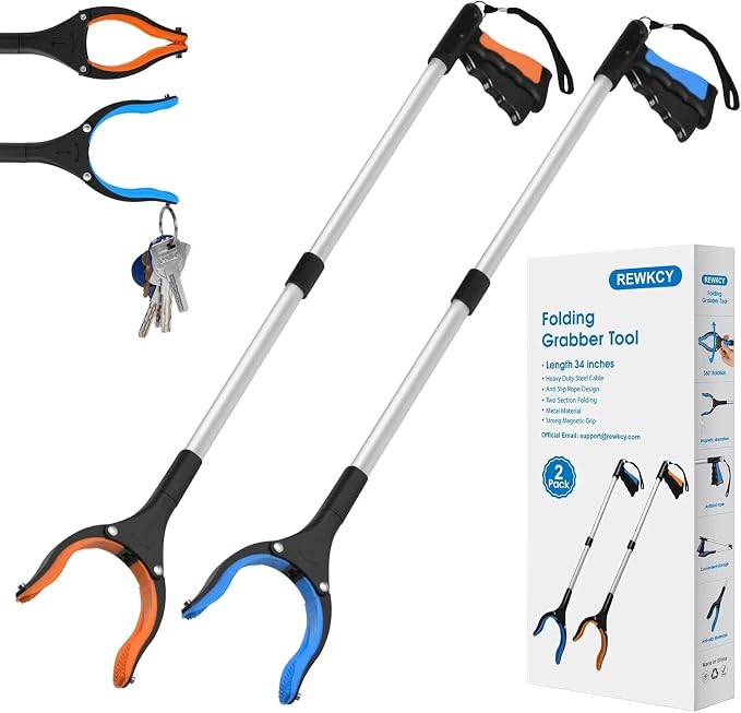 34" Grabber Reacher Tool, 2-Pack Foldable Reacher Grabber Pickup Tool with 360° Rotating Jaw & Magnets, Grabber Tool Heavy Duty