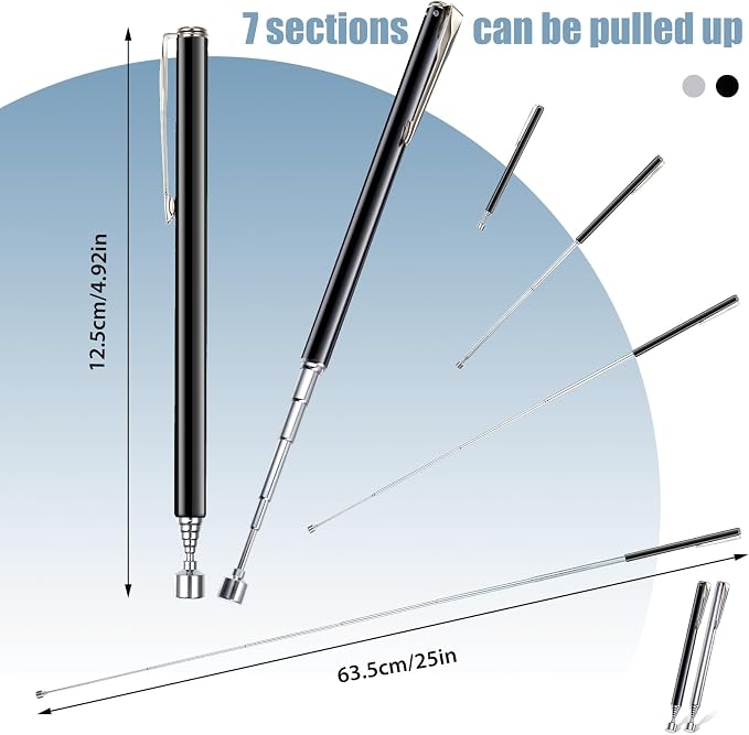 Patelai 2 Pieces Telescoping Magnetic Pick up Tool Grabbers Reacher Tools with Pocket Clip 25 Inch Telescopic Retrieving Magnet Gift for Man, Father, Mechanic, Handyman, Husband (Silver,Black)