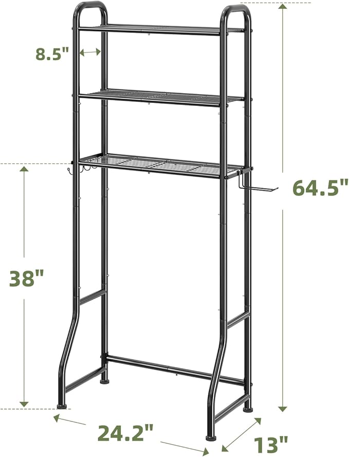 Simple Trending Over The Toilet Storage Rack, Metal 3 Tier Bathroom Organizer Shelf with Paper Holder and 3 Hooks, Freestanding Shelf Space Saver Above Toilet,Black