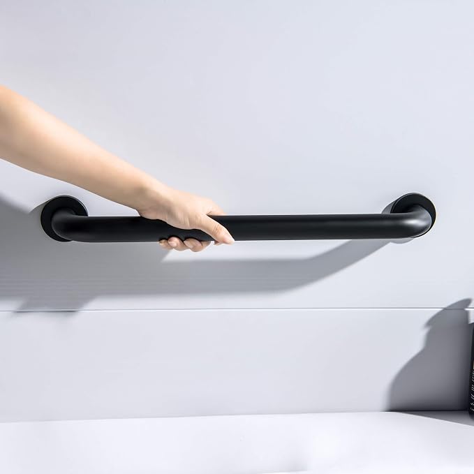 KIBI 18 Inch Stainless Steel Bathroom Safety Grab Bar | Curved Shaped Grab Bar for Bathtubs and Showers, Shower Safety Grab Bars for Seniors, Wall Mounted Anti-Slip Support (Matte Black, KGB1018)