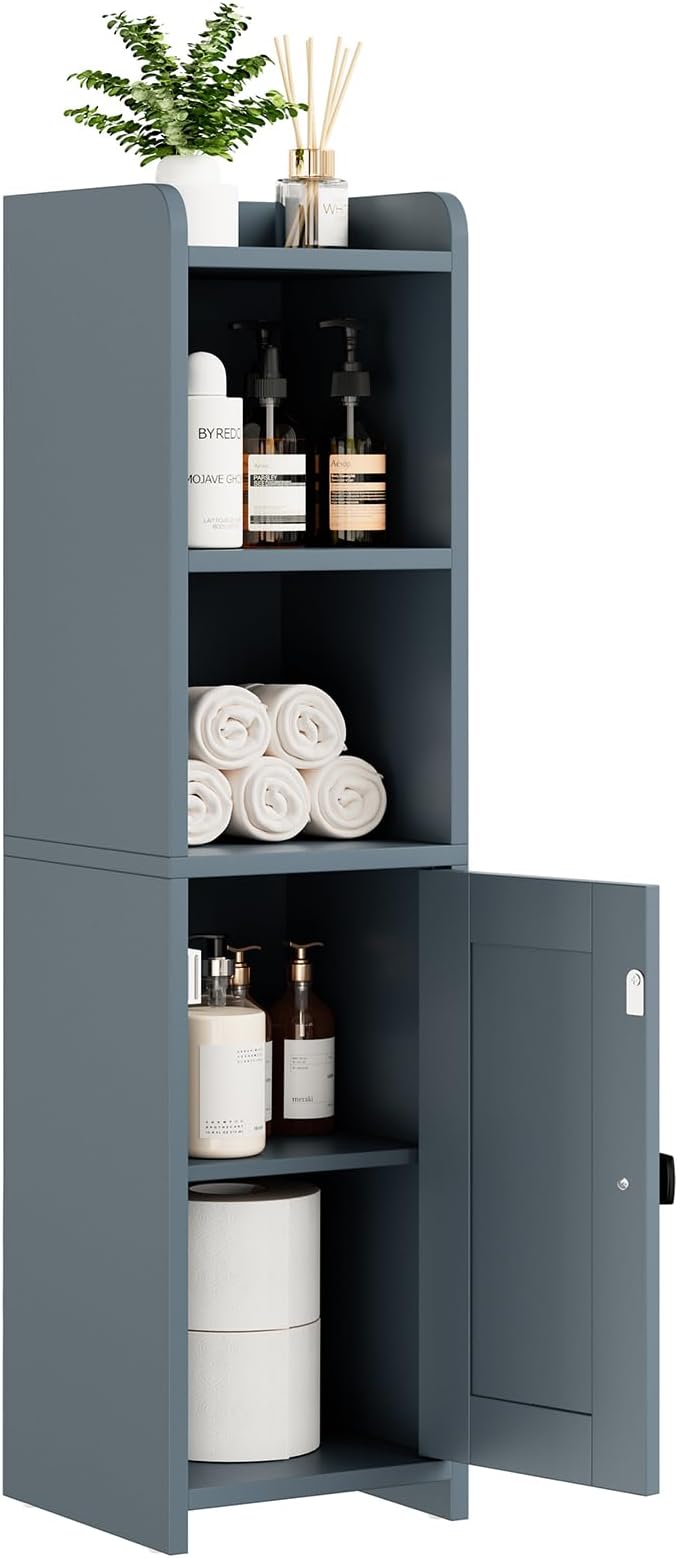 Lomojo Small Bathroom Storage Cabinet Corner, Freestanding Narrow Bathroom Toilet Paper Organizers for Small Spaces Floor Cabinet with Adjustable Shelves (Gray)