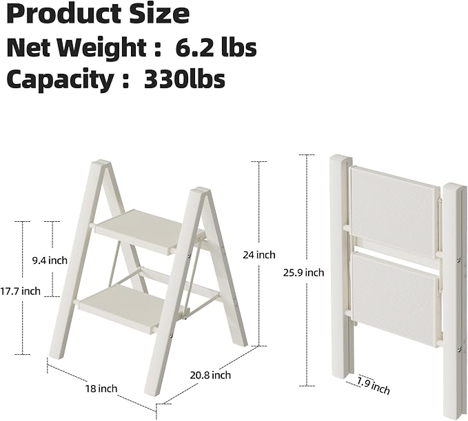 HillhutApex 2 Step Ladder, Lightweight Portable 2 Step Stool with Anti-Slip Wide Pedal, 330lbs Capacity Aluminum Ladder for Household,Office,Library(White)
