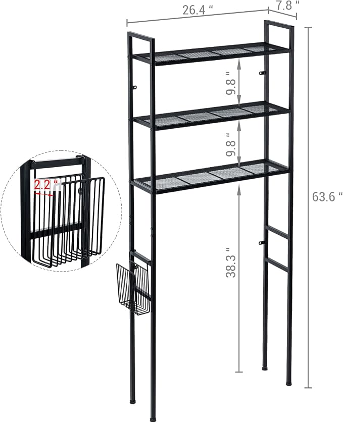 MyGift 3 Tier Over The Toilet Storage, Freestanding Bathroom Organizer Shelf, Above Toilet Rack with Removable Magazine Holder Basket, Black Metal Cabinet for Laundry Space Saver, 26.4x7.8x63.6 Inch