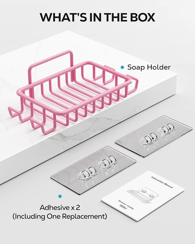 Nieifi Bar Soap Holder for Shower Wall with 4 Hooks, Stainless Steel Adhesive Soap Dish for Bathroom, Pink