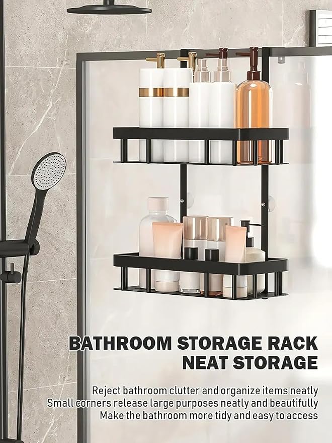 Over Door Shower Caddy, Black Rustproof Bathroom Organizer, 2-Tier Storage Rack, 11.81x5.31 Inch Shelves, No Drilling Required
