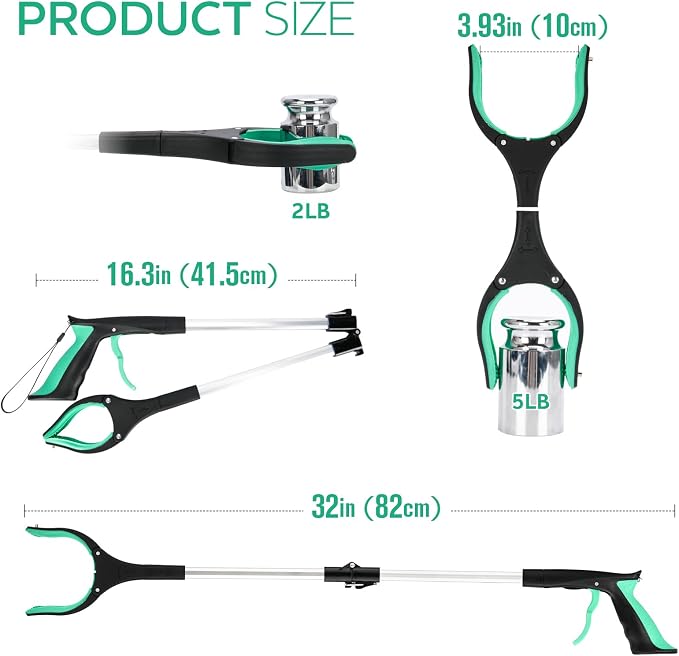 Grabber Reacher Tool,32 Inch Extra Long Foldable Pick Up Stick with Strong Grip Magnetic,360°Rotating Anti-Slip Jaw,Trash Claw Grabber Tool,Trash Picker Tool for Outdoor & Indoor (Green)
