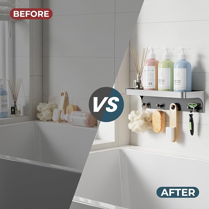Shower Caddy Adhesive, Shower Shelve for Inside Shower, Bathroom Organizers and Storage for Accessories Holder, Rustproof Bathroom Wall Shower Rack Organize with 5 Hooks, No-drill, Silver