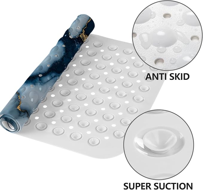 LNOND Marble Bath Tub Mat Non Slip, Extra Long 40 X 16 Inch Anti Slip Mat for Bathtub, Navy Blue Gold Marble Shower Mat with Drain Holes and Suction Cups, Machine Washable