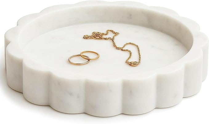 STRONA White Scalloped Marble Tray - 8" Round Stone Vanity Tray for Perfume & Jewelry, Marble Dish for Bathroom Countertop & Kitchen Counter, Decorative Tray for Bathroom & Kitchen, Modern Catchall