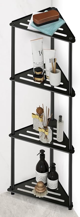 Standing Corner Shower Caddy, 4 Tier Stainless Steel Organizer Stand, Rustproof Shelves for Inside Shower, Black